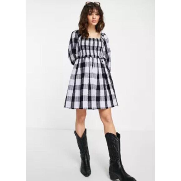 TOPSHOP SHIRRING SEERSUCKER CHECK PUFF SLEEVE MINI DRESS Size 10 - Picture 3 of 11